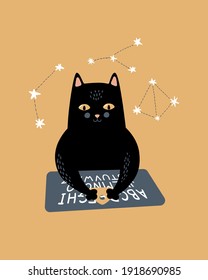 Vector magic illustration. Black cat with Ouija board and constellation. Spiritual session, occultism, fortune taller. Cartoon doodle magical poster, card, print