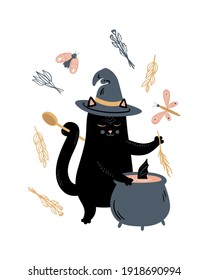 Vector magic illustration. Black cat makes a potion in a cauldron of the bat, moth and plants. Witchcraft and spell. Cartoon doodle magical poster, card, print