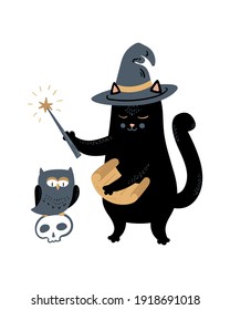 Vector magic illustration. Black cat conjures and casts a spell. Witchcraft elements, owl, skull and  scroll. Cartoon doodle magical poster, card, print