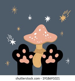 Vector magic illustration. Black cat holding mushrooms or  fly agaric. Cute cat paws. Cartoon doodle magical poster, card, print