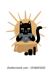 Vector magic illustration. Black cat is reading tarot cards. Cartoon doodle magical poster, card, print