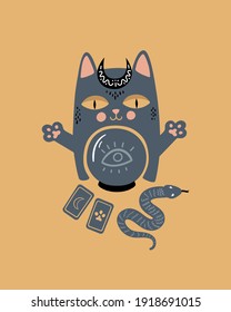 Vector magic illustration. Cat is a fortune teller and sits with a crystal ball surrounded by tarot cards and snake. Cartoon doodle magical poster, card, print