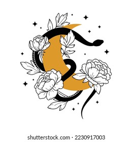 Vector magic illustration with celestial snake, moon, stars and flowers isolated on white background. Boho trendy esoteric serpent and gold crescent for poster print, fashion, fabric, textile, paper