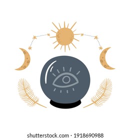 Ilustración mágica vectorial. Balón de cristal, luna, sol, constelación y pluma. Sesión espiritual, ocultismo, fortuna más alta. Cartel de dibujos animados póster mágico, tarjeta, impresión