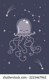 Vector Magic Illustration. Cute jellyfish flying in space among the stars. Constellations, stars, space