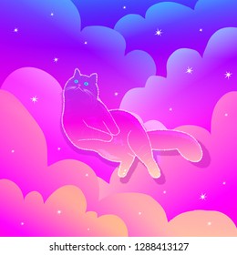 Vector magic illustration of dreamy cat in the purple and pink cloudy sky with stars.