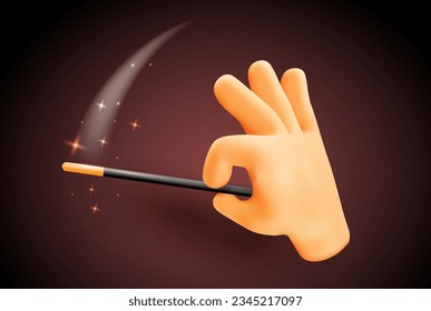 Vector magic illustration of male hand gesture sign ok with finger hold magic wand on dark color background. 3d mesh style emoji design of yellow man hand for web, banner, poster, print