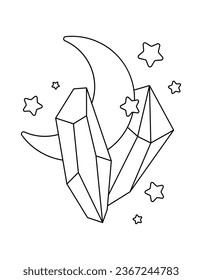 Ilustración vectorial mágica de la luna y cristales contorno negro sobre fondo blanco
