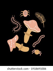 Vector magic illustration. Mushrooms, spiders and worms. Cartoon doodle magical poster, card, print