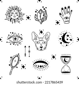 Vector magic illustration. Mystic moon illustration. Magic print. Sketch boho mystic illustration.
