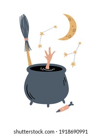 Vector magic illustration. A potion in a cauldron of the chicken feet and zombie finger. Witchcraft, broom, crescent moon, constellation and spell. Cartoon doodle magical poster, card, print