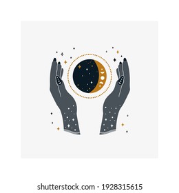 Vektorgrafik. Die Hände der Frauen halten den Mond.