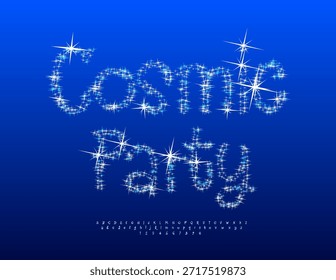 Convite mágico vetorial Cosmic Party. Fonte brincalhona com estrelas cintilantes. Fantasia conjunto de letras e números de alfabeto brilhante