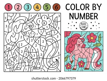 Vector Magic kingdom color by number activity with pink unicorn and flowers. Fairytale counting game with cute horse. Funny coloring page for kids with fantasy creature. 
