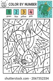 Vector Magic Kingdom Color By Number Activity With Green Dragon. Fairytale Counting Game With Cute Dinosaur. Funny Coloring Page For Kids With Fantasy Creature. 
