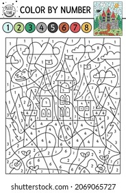 Vector Magic kingdom color by number activity with castle. Fairytale counting game with cute fantasy forest landscape and king house. Funny coloring page for kids with palace and dragon. 
