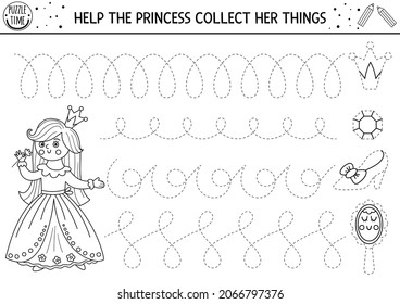 Vector magic kingdom handwriting practice worksheet. Fairytale printable black and white activity for preschool children. Fantasy tracing game for writing skills with cute princess, shoe, mirror