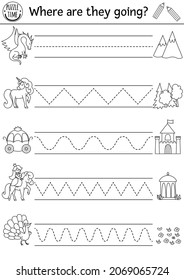 Vector magic kingdom handwriting practice worksheet. Fairytale printable black and white activity for pre-school children. Fantasy tracing game for writing skills with unicorn, dragon, castle, princes