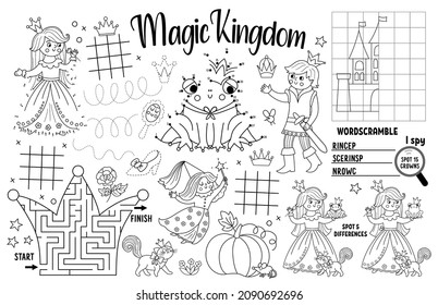 Vector Magic kingdom placemat for kids. Fairytale printable activity mat with maze, tic tac toe charts, connect the dots, find difference. Black and white play mat or coloring page