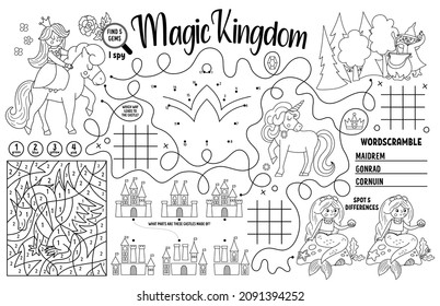 Pabellón del Vector Magic Kingdom para los niños. Tapón de actividad imprimible de cuento de hadas con labios de labios de labios, tac tac, conectar los puntos, encontrar la diferencia. Mat de juego en blanco y negro o página de color
