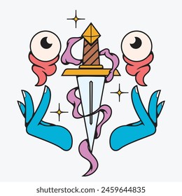 Vektorgrafik Magische Messerkunst Illustration, Dunkle Kunst, magische Gegenstände, Alchemie, Tattoo, Zauberer, Symbol