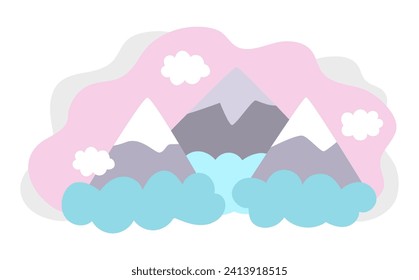 Vector magic mountains landscape. Fairytale world concept with hills and clouds on pink background. Fantasy outdoor illustration. Cute fairy tale mystical scene
