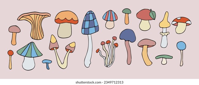 Vector Magic mushroom doodle set, fall fungus forest harvest, mystery fairy ingredient, isolated natural set collection, fantasy illustration elements