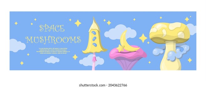 vector magic mushrooms. Banner Space cartoon mushrooms. Colorful illustrations of space with flying saucers, planets and stars. Banner, advertisement, poster. A set of witch icons for Halloween.