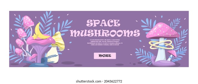 vector magic mushrooms. Banner Space cartoon mushrooms. Colorful illustrations of space with flying saucers, planets and stars. Banner, advertisement, poster. A set of witch icons for Halloween.