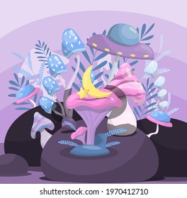 Vector magic mushrooms. Space cartoon mushrooms. Vivid illustrations of space with flying saucers, planets and stars. Square rectangular composition. Banner, advertisement, poster.