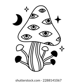 Vector magic mushrooms, stars and moon in black color. Outline mystical mushroom with eyes. Fairytale esoteric mushroom.