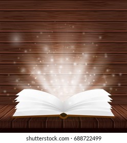 Vector magic open book on wood background. Vector poster with book and bright light