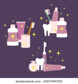 Vector magic oral care dental sticker set or mouth cleaning tools. Brushes, paste, tooth, floss, mouthwash.
