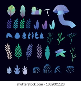 vector magic plants, mushrooms and stones, assets for game