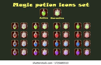 Vector magic potion icons set. Fantasy RPG game buttons. Active and inactive. 