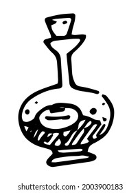 Vector magic potion, a round-shaped flask with a long narrow neck with a stopper and a label. A bottle of alchemical potion, hand-drawn in the style of doodles with an isolated black line on a white