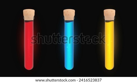 Vector magic potions of health, mana and stamina for games. Three glass bottles with cork oak stopper.