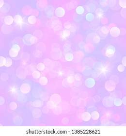 Vector magic princess seamless pattern. Cute pastel candy background with bokeh. Shiny design with sparkles and stars.