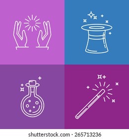 Vector magic related linear icons and signs - tricks and magician's objects