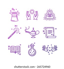 Vector magic related linear icons and signs - tricks and magician's objects