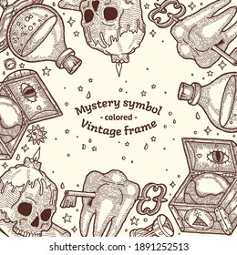 Vector Magic Retro Elements Web Banner Template in Pirate Style, CopySpace. Skull and Candle, Chest and Globe, Hourglass, Glass Bottle of Potion or Poison on Carpet, Tooth with Keyhole, Ancient Key
