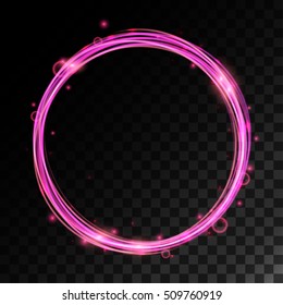 Vector magic ring with light effects. Pink glowing ring with shiny bubbles and bokeh.