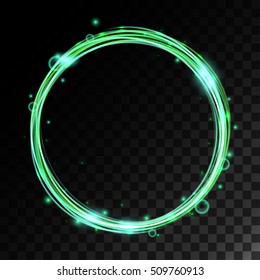 Vector magic ring with shiny particles. Green glitter wheel with glowing particles and bokeh. Light effects frame illustration