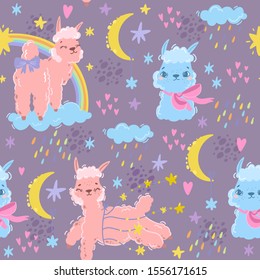 Vector magic seamless pattern with alpaca. Sweet llama. Pink sheep or unicorn. Use for kids theme. Textiles, room, wallpaper, clothes print. Good night baby night print