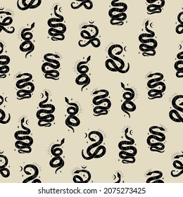 Vector magic seamless pattern with black snakes and signs moon and stars. Mystical esoteric background for design of fabric, packaging, astrology, phone case, wrapping paper, tarot cards