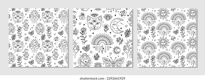 Vector magic seamless pattern with butterfly, sun, moon, cat, clouds, and stars.