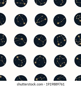 Vector magic seamless pattern with constellations and stars. Mystical esoteric background for design of fabric, packaging, astrology, phone case, yoga mat, notebook covers, wrapping paper.