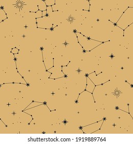 Vector magic seamless pattern with constellations and stars. Mystical esoteric background for design of fabric, packaging, astrology, phone case, yoga mat, notebook covers, wrapping paper.