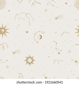 Vector magic seamless pattern and constellations  sun  moon  clouds   stars  Mystical esoteric background for design fabric  packaging  astrology  phone case  notebook covers  wrapping paper 