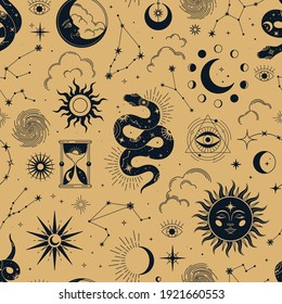 Vector magic seamless pattern and constellations  snakes  sun  moon  magic eyes  clouds   stars  Mystical esoteric background for design fabric  packaging  astrology  phone case  wrapping paper 